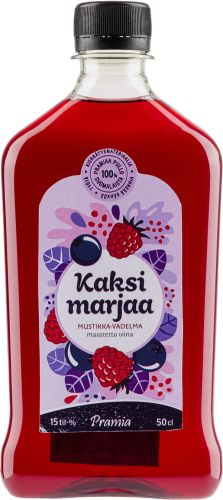 [kuva: Kaksi Marjaa Mustikka-Vadelma muovipullo(&copy; Alko)]