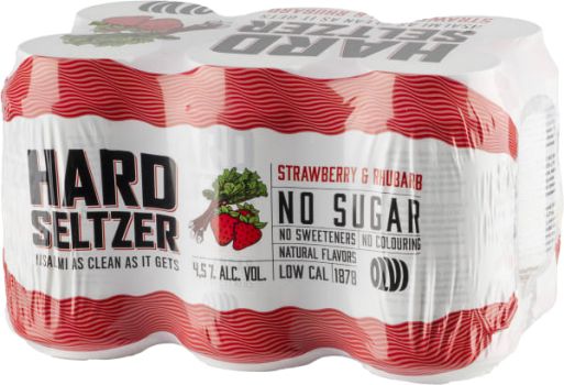 [kuva: Olvi Hard Seltzer Strawberry&Rhubarb 6-pack tölkki(&copy; Alko)]
