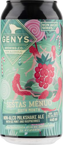 [kuva: Genys Sixth Month Non-Alco Milkshake Ale with Ice Mint & Raspberries tölkki(&copy; Alko)]